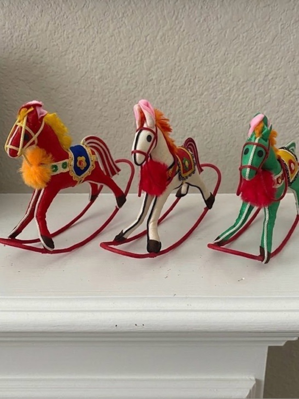 3 Vintage Handcrafted Chinese Satin Stuffed Rocking Horse Festive Ornaments